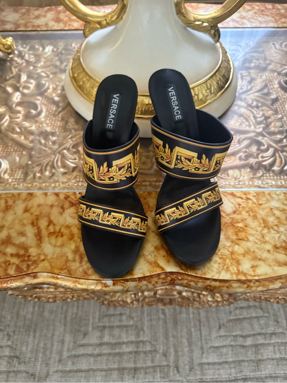 Versace Black and Gold Baroque Double-Strap Slide Heels